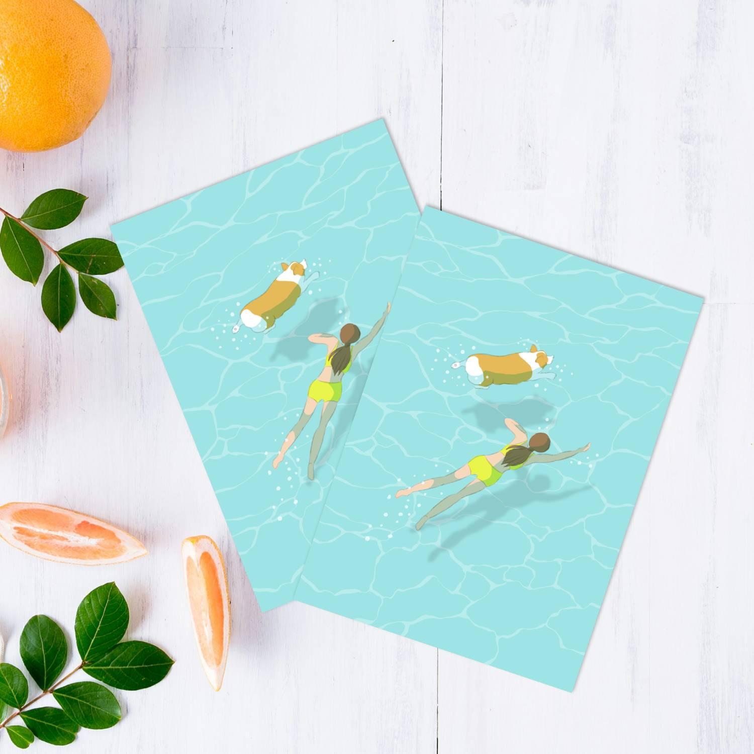 コーギー【キミと浮く日】ポストカード2枚1枚目の画像