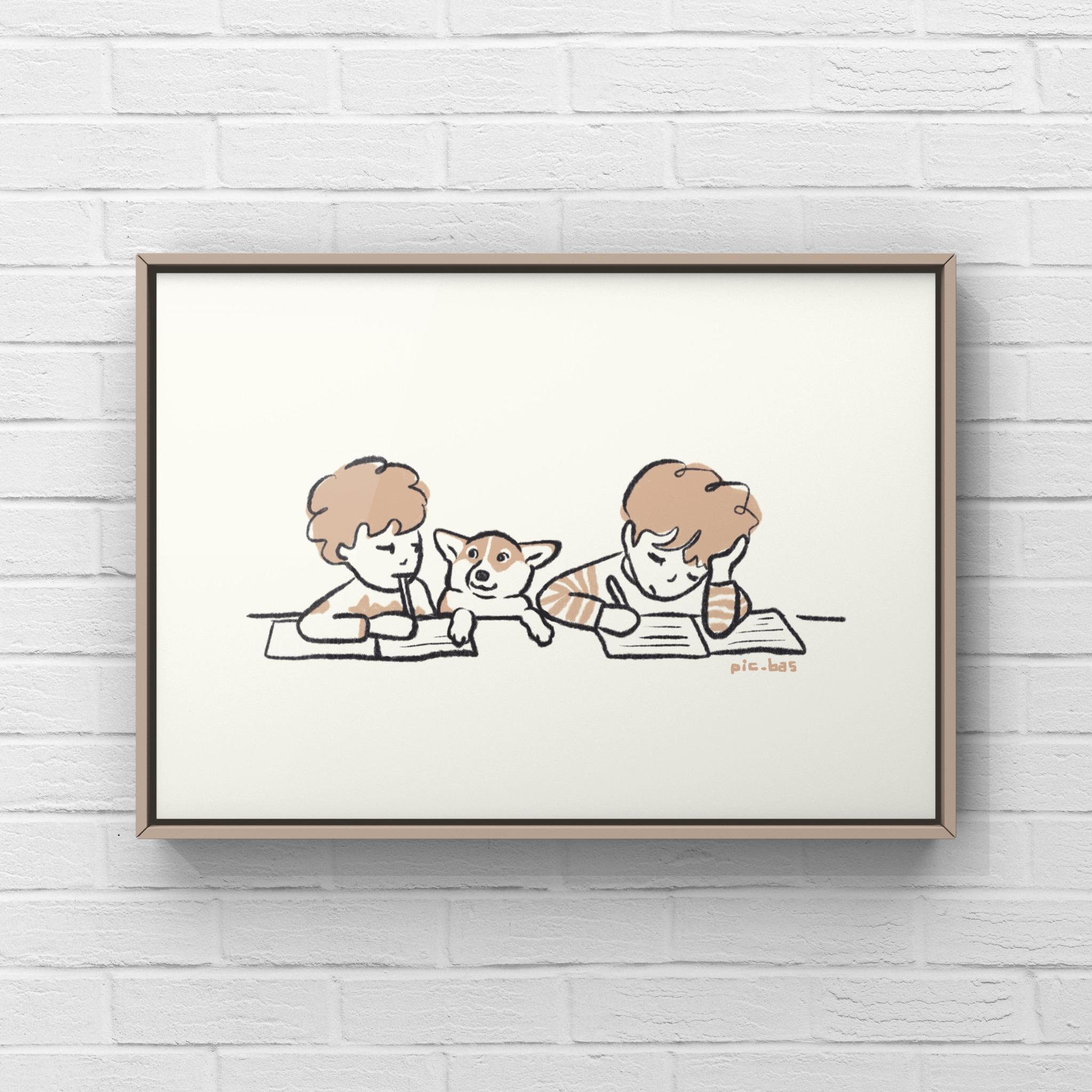 コーギー【宿題】A4イラストポスター1枚目の画像