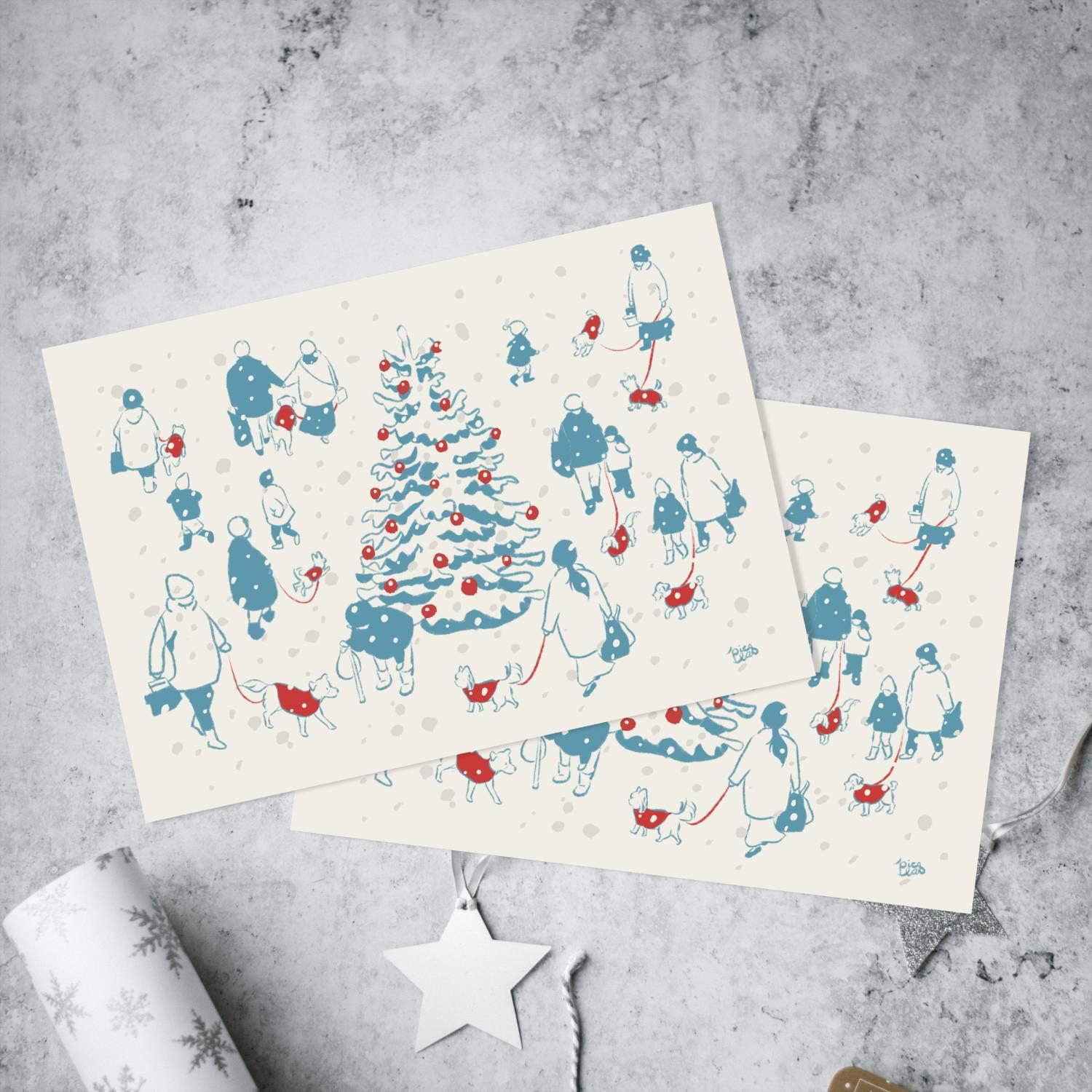 犬種混合【ツリー広場】ポストカード2枚 クリスマスカード1枚目の画像