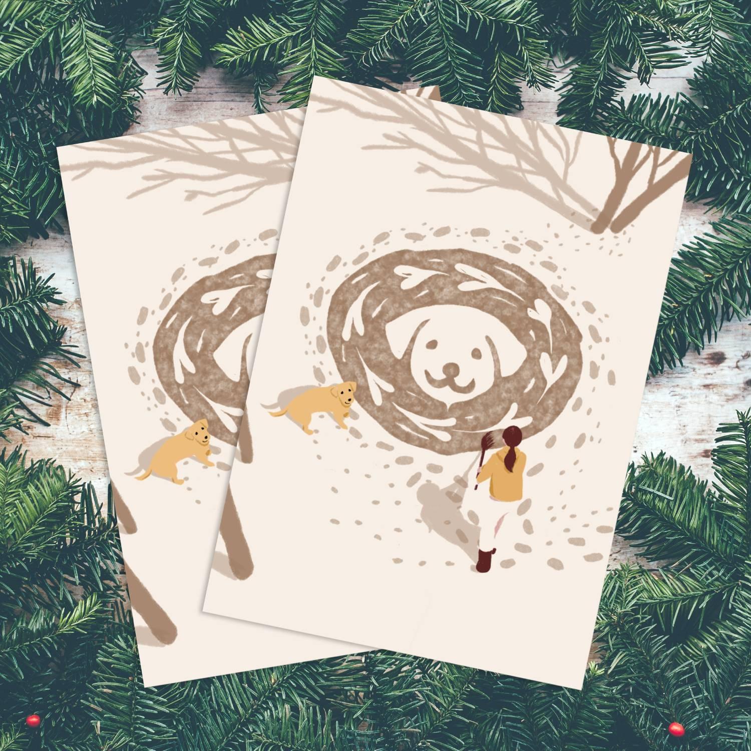 ラブラドールレトリバー ゴールデンレトリバー【雪のラテアート】ポストカード2枚 クリスマスカード1枚目の画像